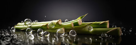 Bamboo shoot with water drops on black background, close-upの素材