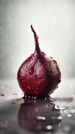 Fresh red beet with drops of water on a gray background. Selective focus.の素材