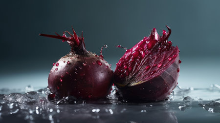 Red beet on a dark background with water drops. The concept of healthy eating.の素材