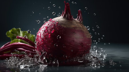 Fresh beetroot with water splash on dark background. Selective focus.の素材
