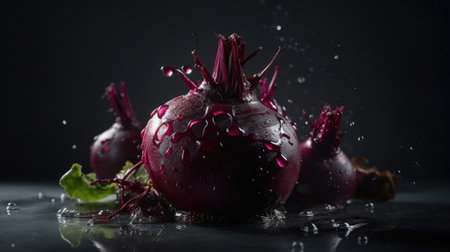 Fresh beetroot with water drops on a black background, close upの素材
