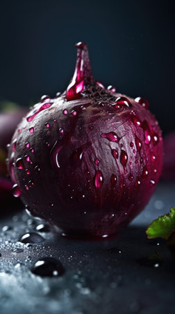 Fresh beetroot with water drops on dark background. Selective focus.の素材