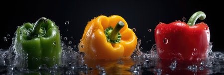 Bell pepper with water drops on a black background. Selective focus.の素材