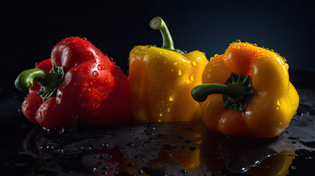 Red, yellow and green bell peppers with water drops on black backgroundの素材