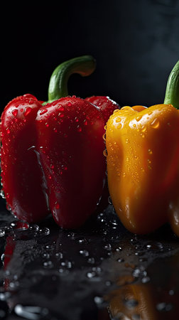 red and yellow paprika on a black background with water dropletsの素材