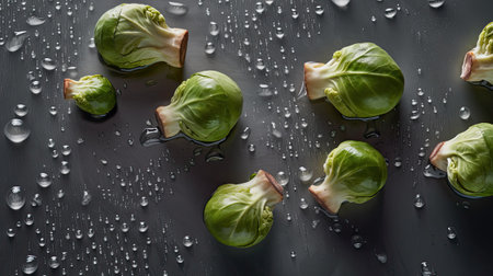 Brussels sprouts on a black background with water drops.の素材