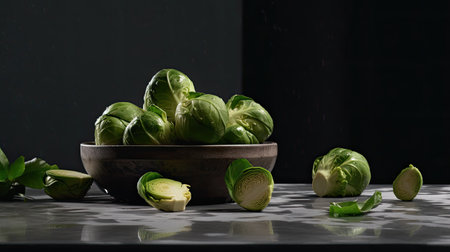Brussels sprouts in a wooden bowl on a black backgroundの素材