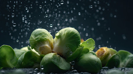 Brussels sprouts with water drops on dark background, closeupの素材