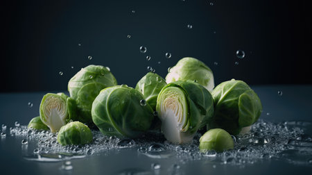 Fresh brussels sprouts with water drops on a dark backgroundの素材