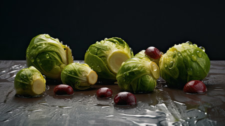 Cabbage with water drops on a black background. Vegetarian food.の素材