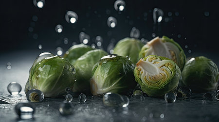 Fresh brussels sprouts with water drops on dark background.の素材