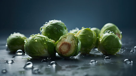 Fresh brussels sprouts with water drops on dark background.の素材