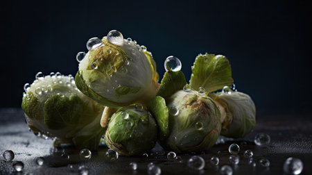 Fresh brussels sprouts with water drops on a dark backgroundの素材