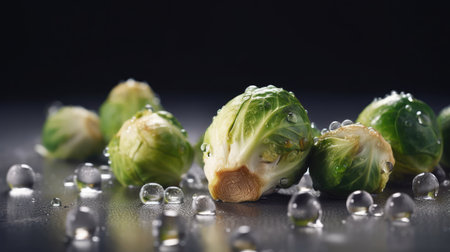 Fresh brussels sprouts on a dark background with water dropsの素材