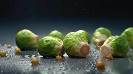 Brussels sprouts with drops of water on a dark backgroundの素材