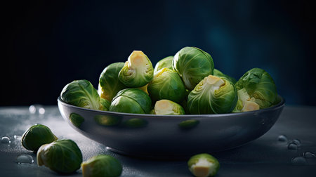 Fresh brussels sprouts in a bowl on a dark backgroundの素材