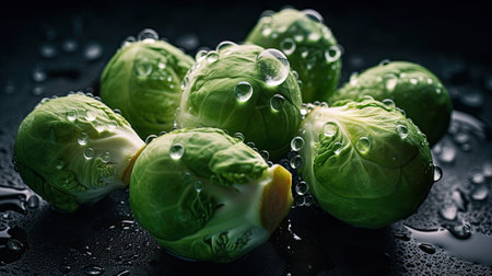 Brussels sprouts with water drops on a black background.の素材