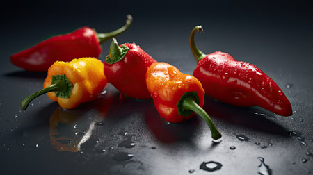 red and yellow hot chili peppers on a black background with water dropsの素材