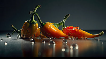 Hot chili peppers with drops of water on a black background. Copy space.の素材