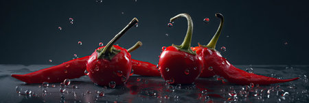 Red hot chili peppers with water drops on black background. 3d renderingの素材