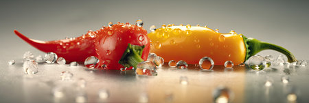 Red and yellow hot peppers with drops of water on agray backgroundの素材