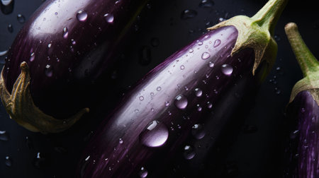 Eggplant on a black background with water drops. Close up.の素材