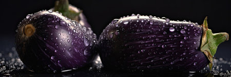 Three purple eggplants with water drops on a black background.の素材