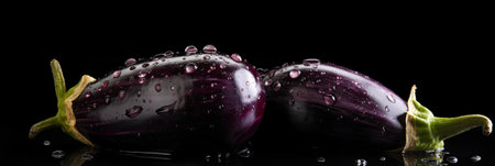Group of three whole fresh purple eggplant with water drops isolated on blackの素材