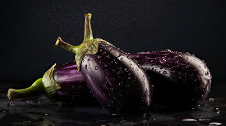 Purple eggplants on a black background with drops of waterの素材