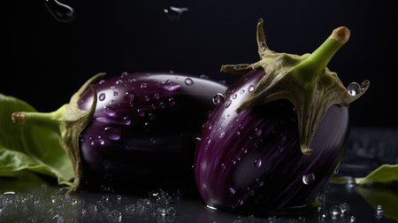 Fresh eggplants with water drops on black background, closeupの素材