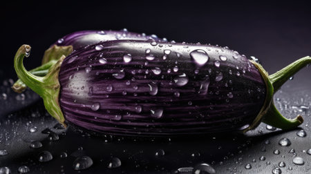 Purple eggplant with water drops on a black background closeupの素材