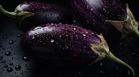 Fresh eggplants on a black background with water droplets.の素材