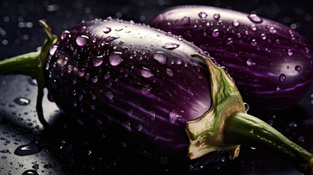 Fresh purple eggplants on a black background with water drops.の素材