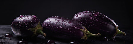 Fresh purple eggplants with water drops on a black background.の素材