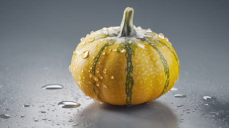 Pumpkin with water drops on a gray background. Studio shot.の素材