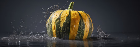 Pumpkin falling into water on black background. 3d illustrationの素材