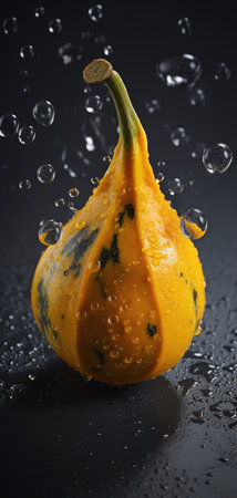 Pumpkin with water drops on a black background, studio shotの素材