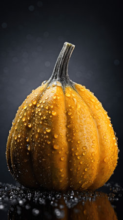 Pumpkin with water drops on black background. Halloween concept.の素材