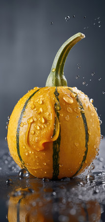 Pumpkin with water drops on dark background. Shallow depth of field.の素材