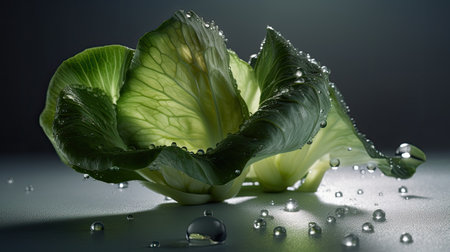 Cabbage with water drops on a dark background, close-upの素材