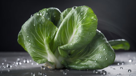 fresh chinese cabbage with water drops on black background, closeupの素材
