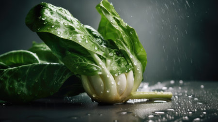 Fresh green bok choy with water drops on black background.の素材
