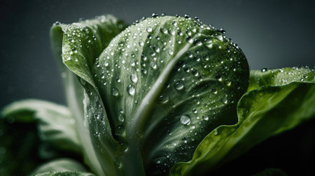 Fresh green chinese cabbage with dew drops on black background.の素材