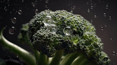 Fresh broccoli with water drops on black background. Close-up.の素材