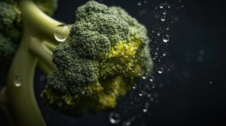 Broccoli with water drops on a black background. Selective focus.の素材
