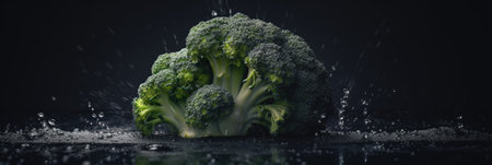 Broccoli with splashes of water on black background, panoramic shotの素材