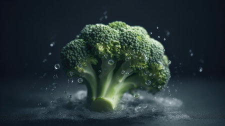 Broccoli with water drops on black background. Healthy food concept.の素材