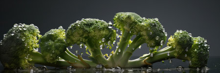Broccoli on a dark background with water drops. Healthy food.の素材