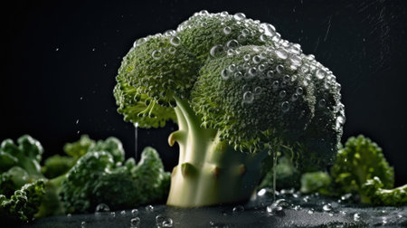Fresh green broccoli with water drops on black background. Healthy food concept.の素材