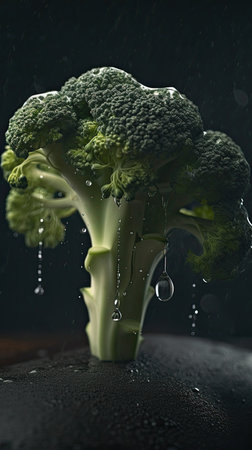 Fresh green broccoli with water drops on black background. Healthy food conceptの素材